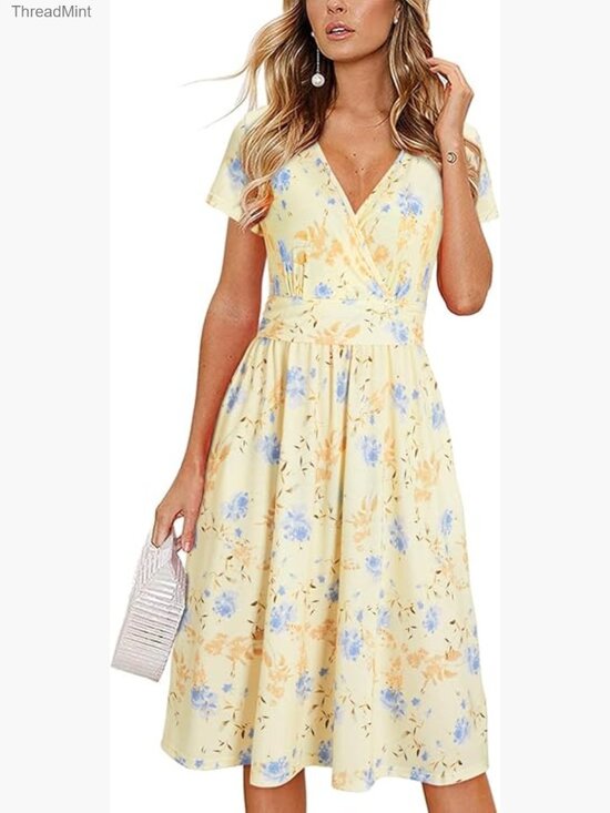 Dresses & Skirts - Soft Stretchy V-Neck Midi Dress with Pockets Floral Summer Casual